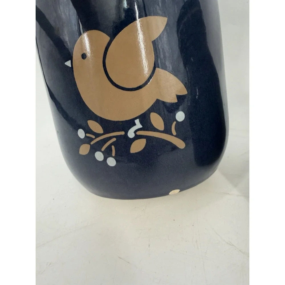 Vintage Stoneware Canister Set 3 Navy Blue Folk Art Bird Heart Clamp Lid